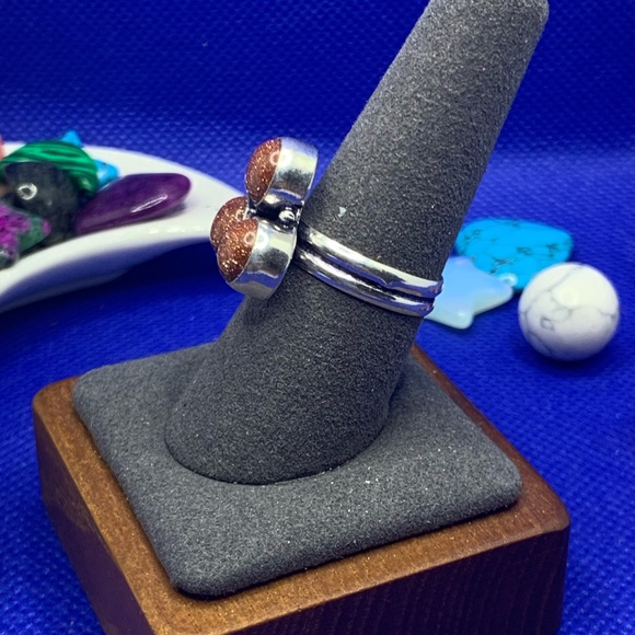 Sparkling Goldstone (Sandstone) Trio Ring! 925 Sterling Silver Plated, Size 8.25 - Picture 2 of 8
